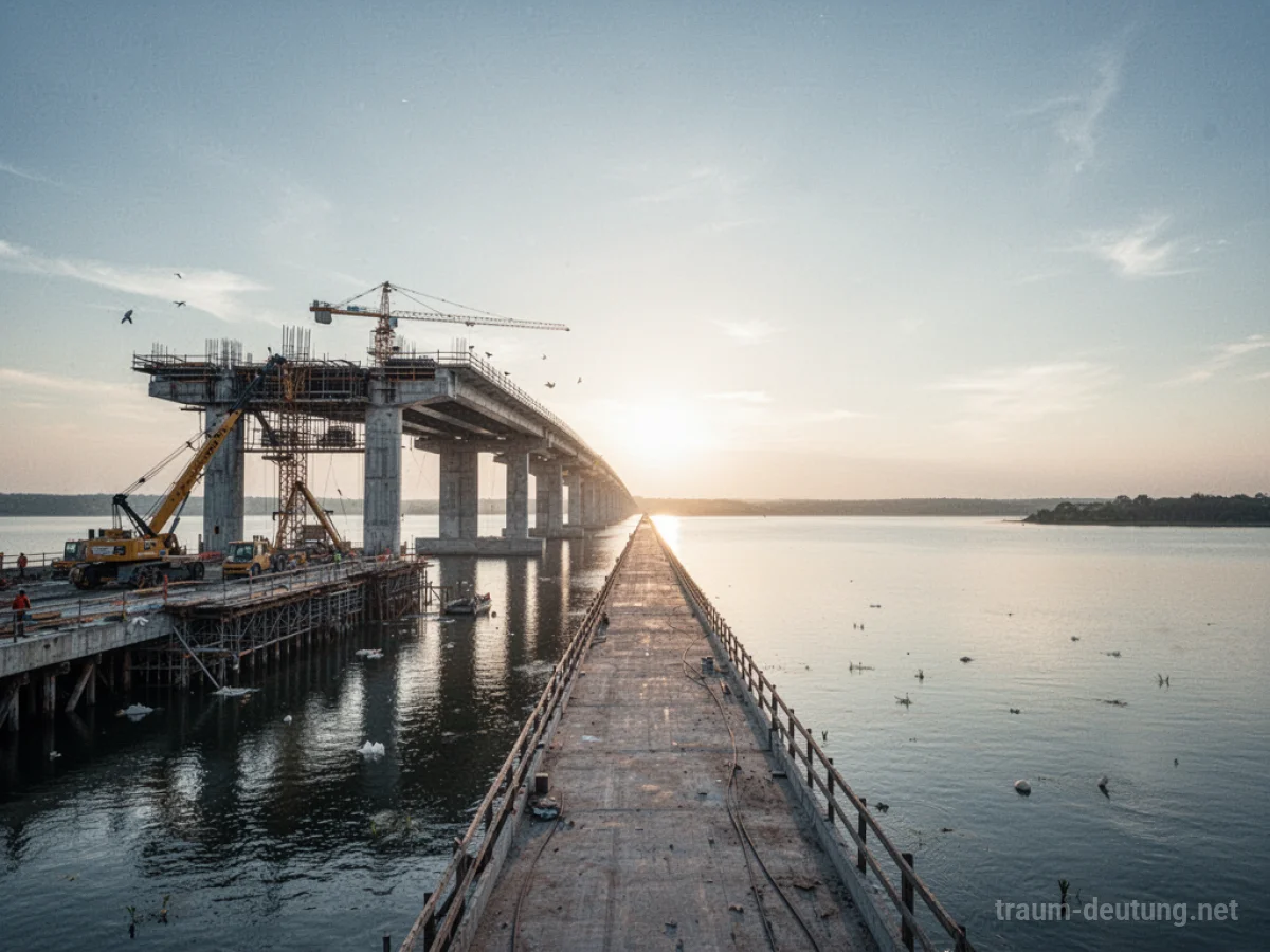 Unvollendete Brücke im Bau über Wasser mit hellem Horizont