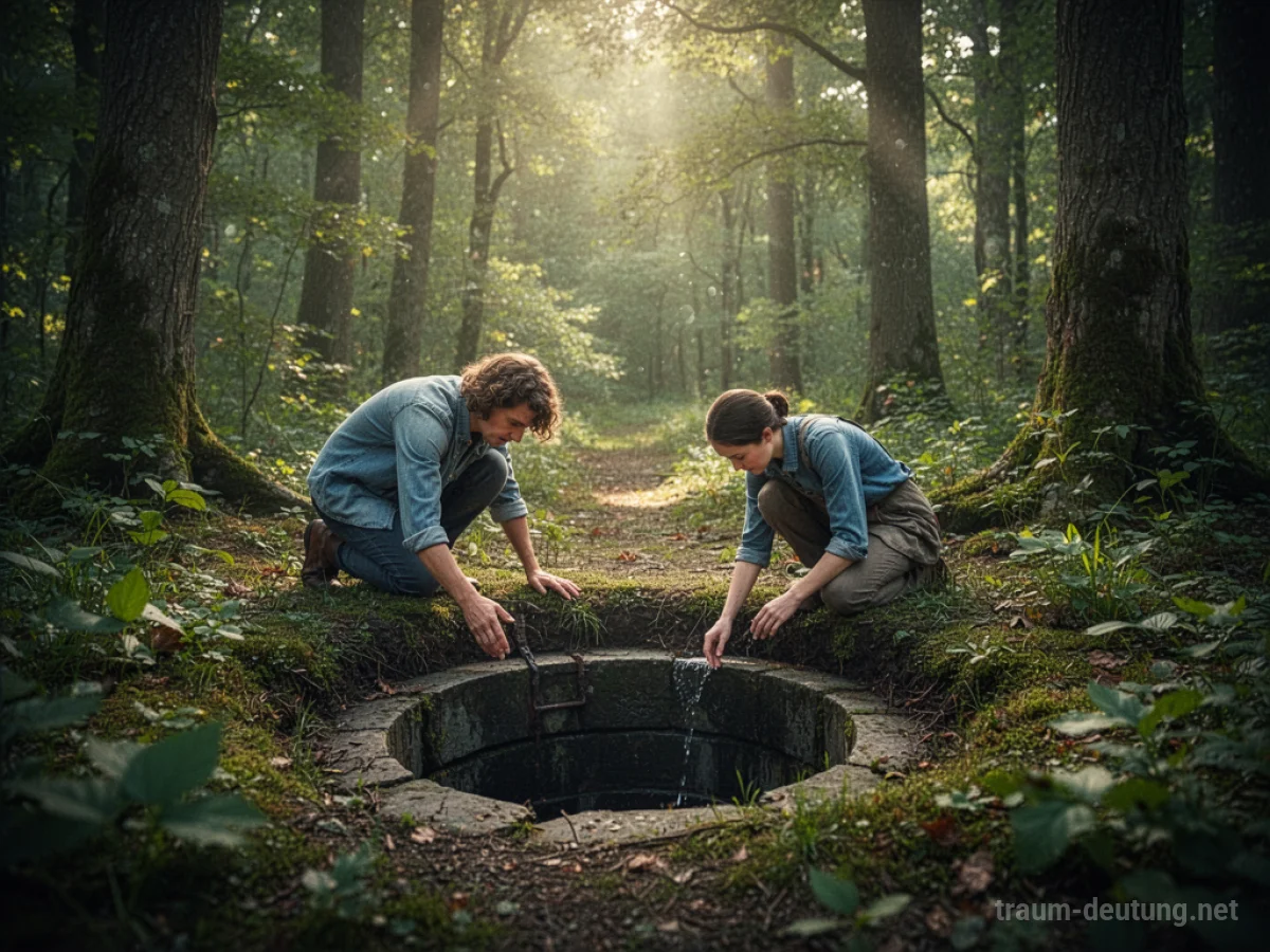 Eine Person entdeckt einen verborgenen Brunnen in einem grünen Wald.