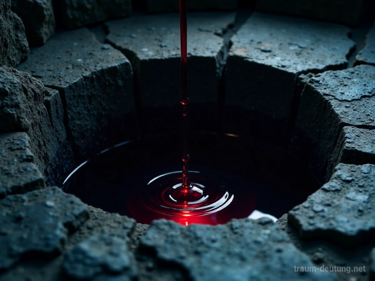 Brunnen mit dunklem Wasser und einem einzelnen roten Tropfen darin.