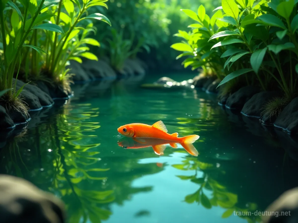 Ein tiefer Brunnen mit klarem Wasser, in dem ein bunter Fisch schwimmt.