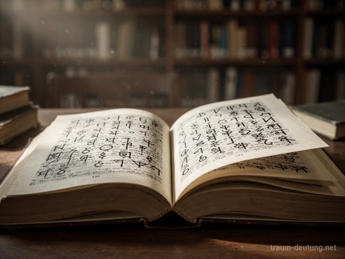 Offenes Buch mit fremdartigen Schriftzeichen, das Wissen und Unbekanntes symbolisiert.