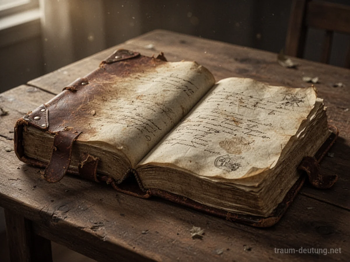 Ein aufgeschlagenes Buch mit vergilbten Seiten und alter Schrift auf einem Holztisch.
