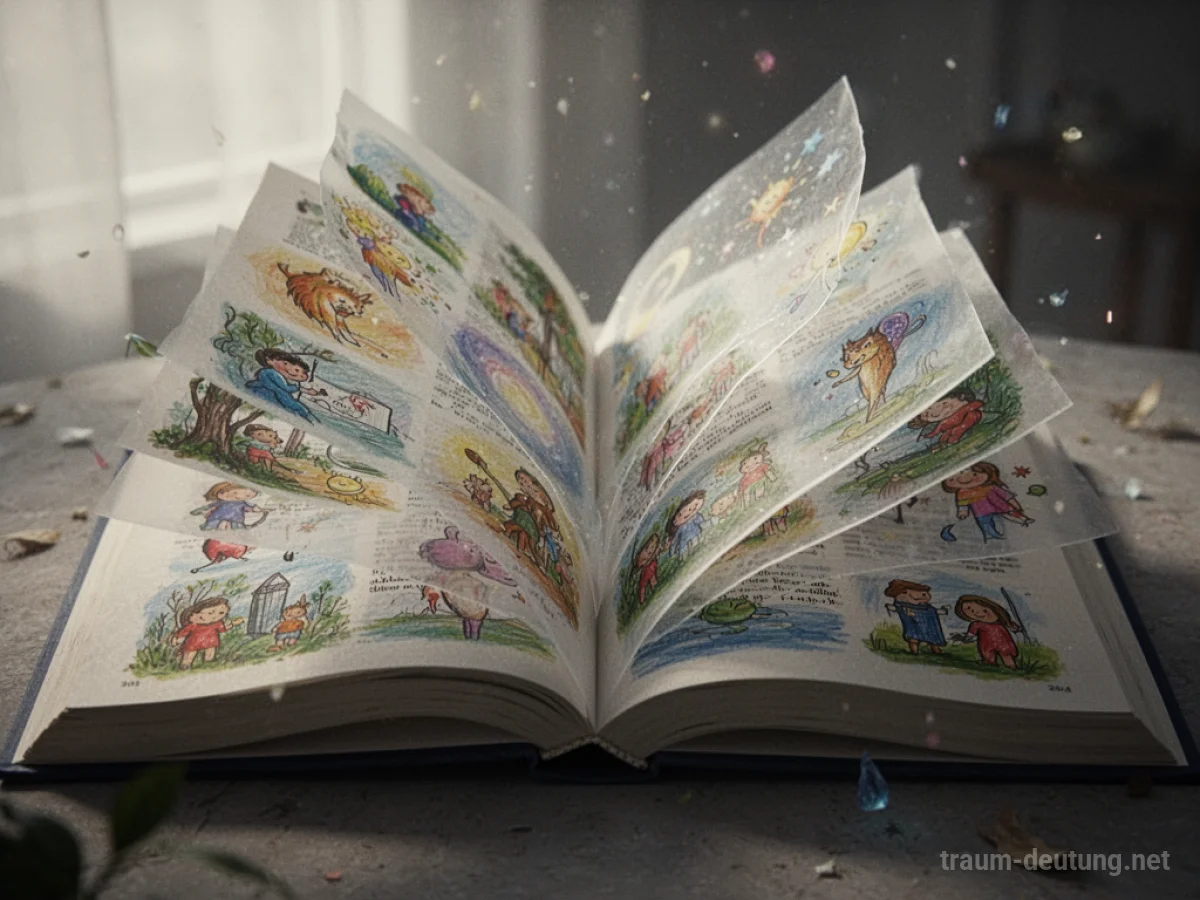 Ein aufgeschlagenes Buch mit zahlreichen bunten Illustrationen.