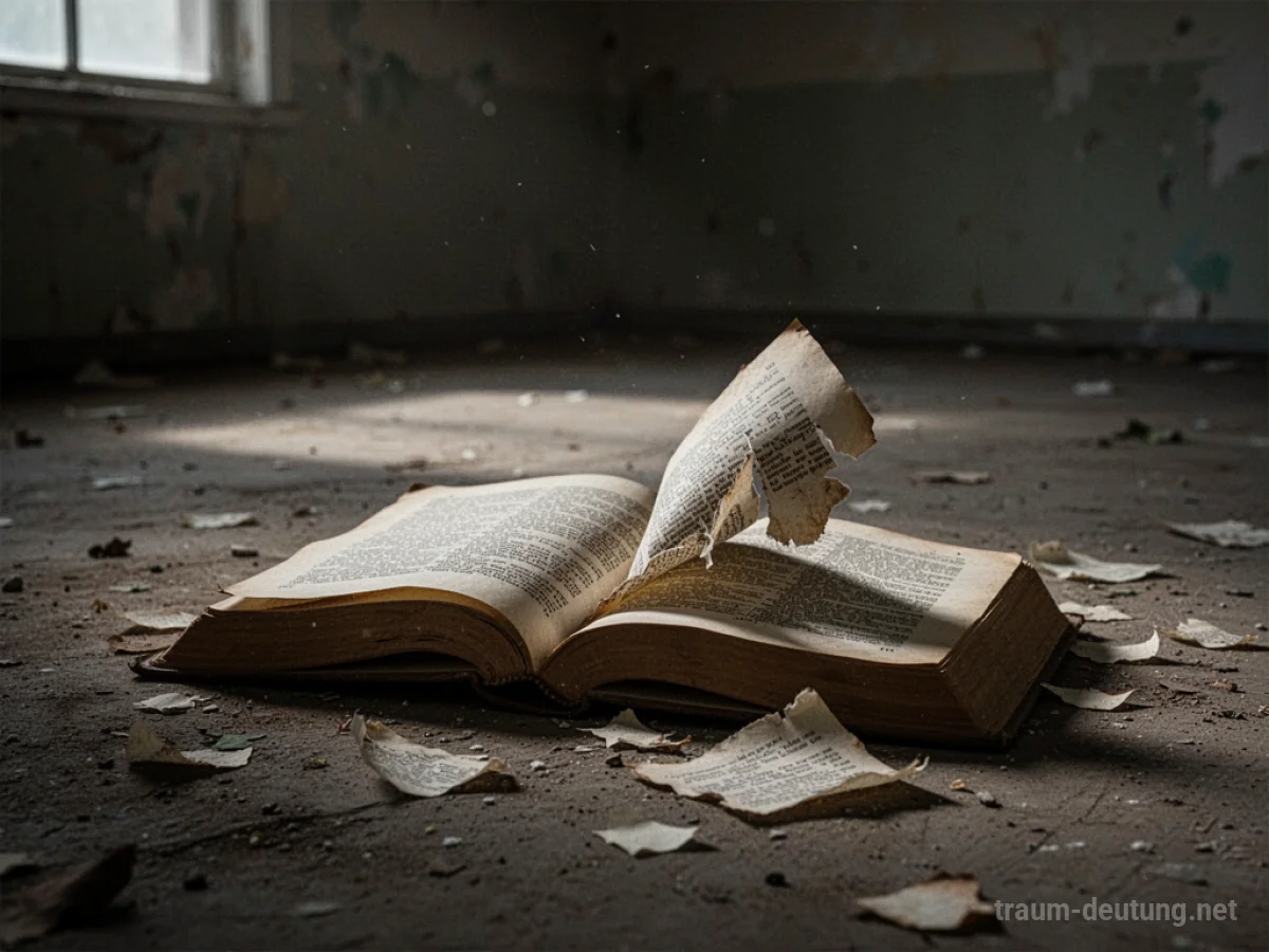 Ein aufgeschlagenes Buch liegt auf dem Boden, eine Seite ist zerrissen.