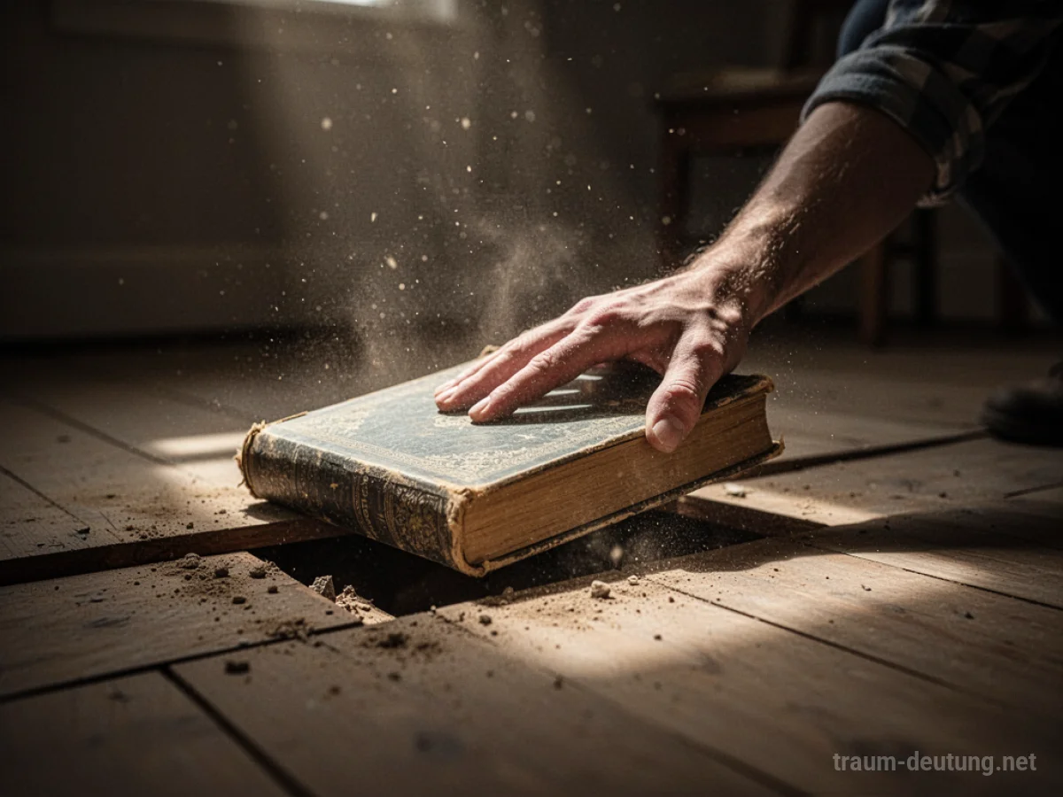 Ein altes Buch wird unter einer Dielenleiste versteckt.