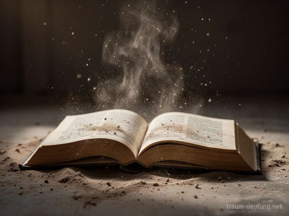 Ein aufgeschlagenes Buch, dessen Seiten zu Staub zerfallen und in der Luft schweben.