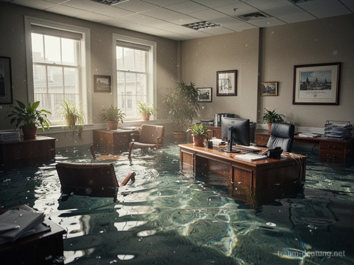 Büro teilweise unter Wasser, Möbel schwimmen.