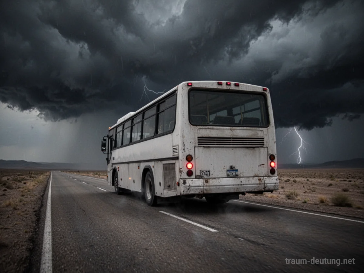 Ein leerer Bus fährt auf einer einsamen Straße unter einem dunklen Himmel.