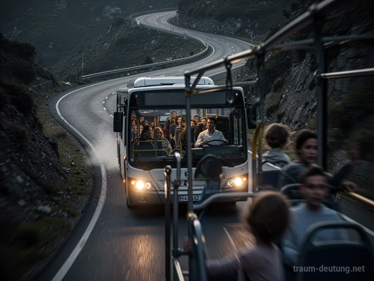 Ein Bus rast unkontrolliert einen steilen, dunklen Berg hinunter.