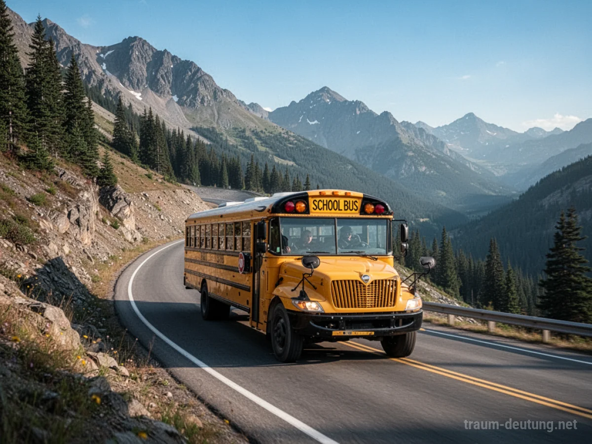 Gelber Schulbus fährt langsam eine steile Bergstraße hinauf