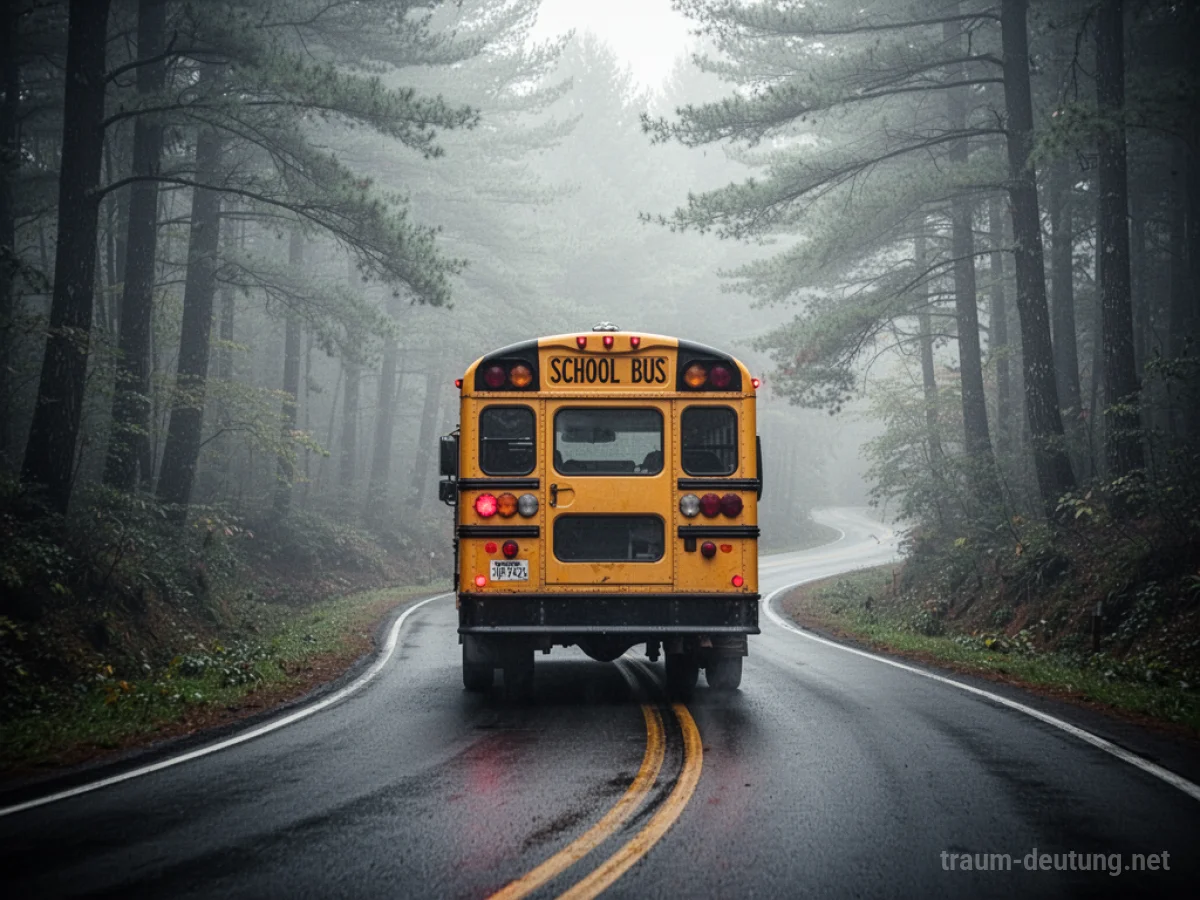 Ein gelber Bus fährt rückwärts auf einer nebligen Waldstraße.