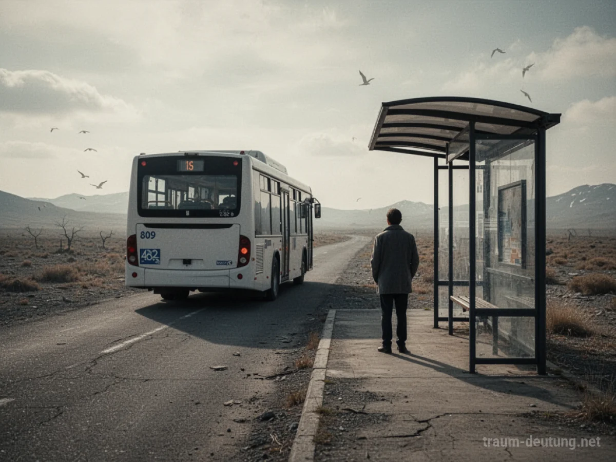 Ein einsamer Mensch steht an einer Bushaltestelle, während der Bus weiterfährt.