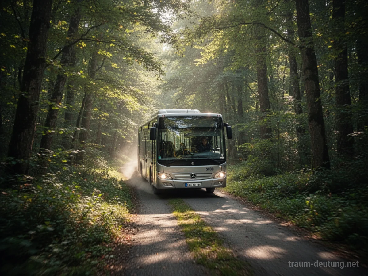 Ein Bus fährt auf einem schmalen Waldweg, der eine Abkürzung zu sein scheint.