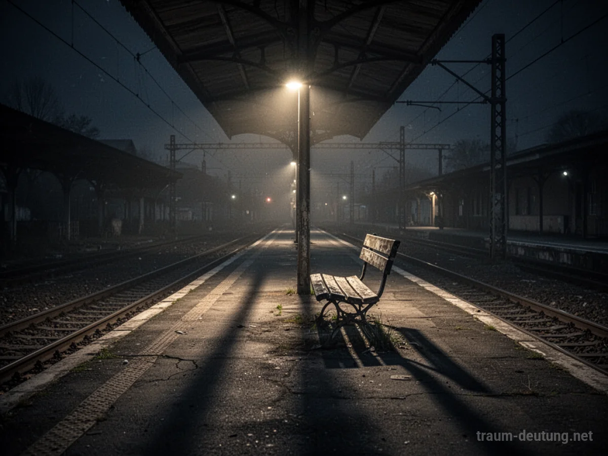 Ein dunkler, leerer Bahnhof mit langen Schatten und einer einzelnen Lampe