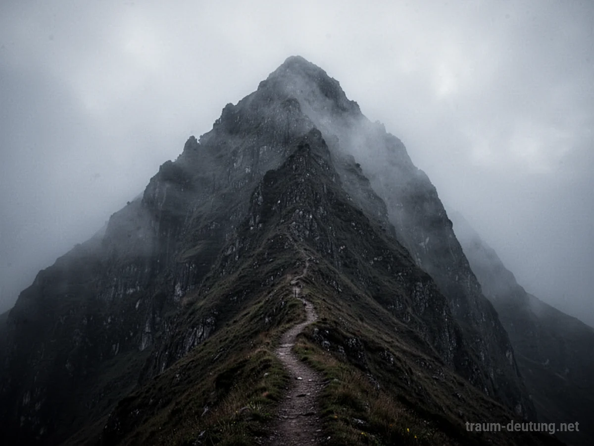 Ein dunkler Berg mit Nebel, der einen schmalen Pfad nach oben zeigt.