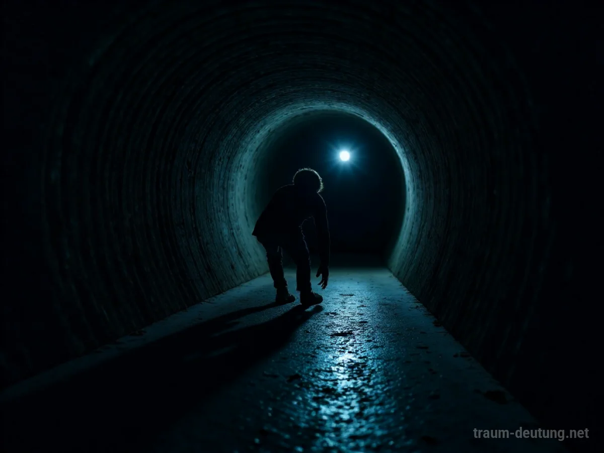 Person kriecht durch einen dunklen, engen Tunnel auf ein Licht zu