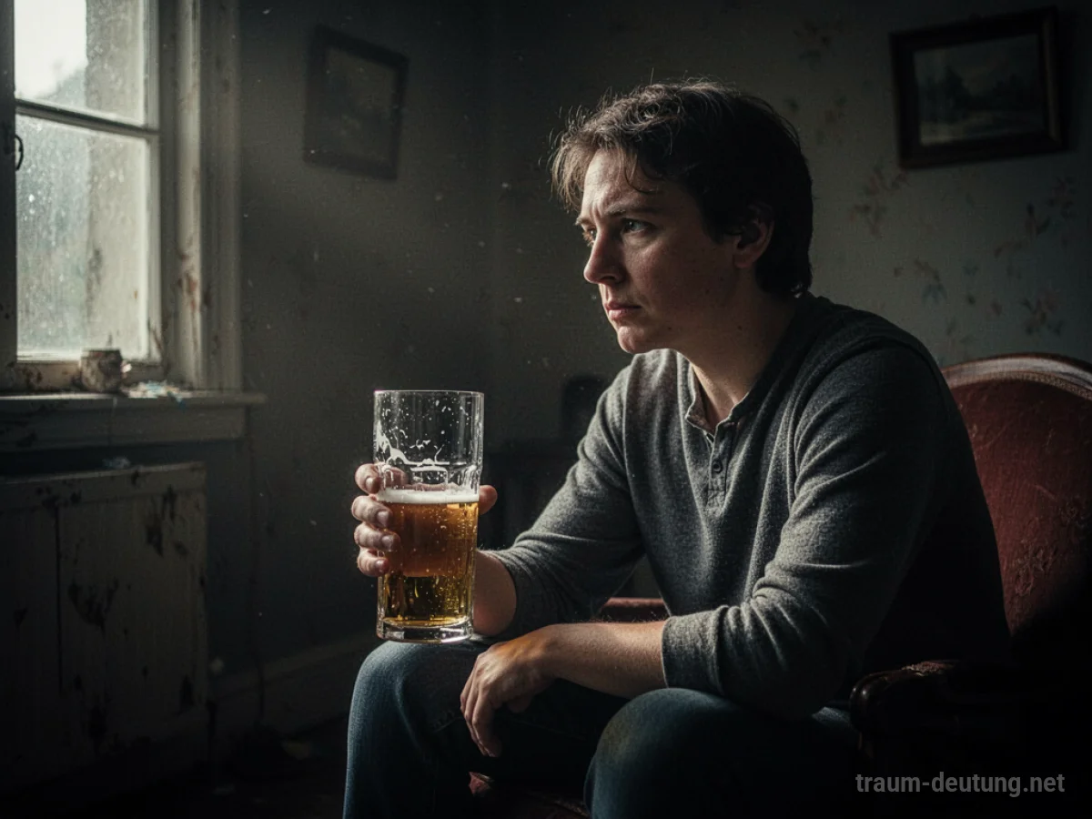 Leere Bierflasche und ein Glas auf einem Tisch in einem dunklen Raum