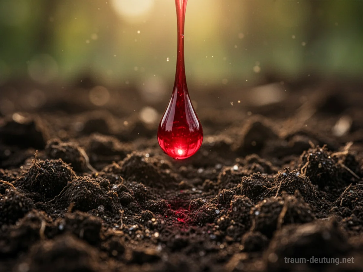 Ein einzelner roter Tropfen fällt auf dunkle Erde, beleuchtet von sanftem Licht.