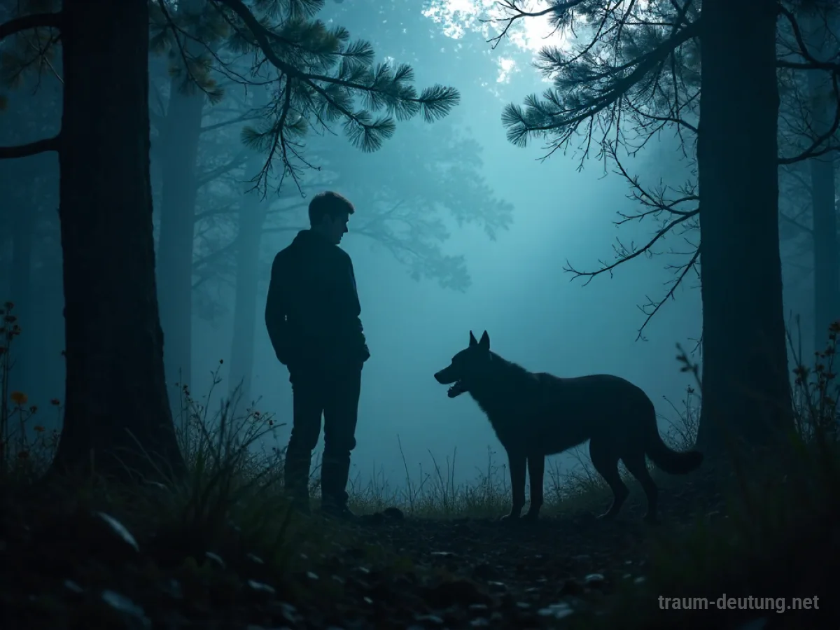Silhouette einer Person gegenüber einem knurrenden Hund in einem nebligen Wald