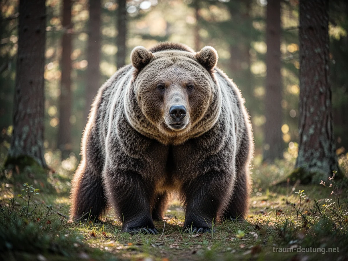 Ein großer, friedlicher Bär steht in einer sonnigen Waldlichtung.