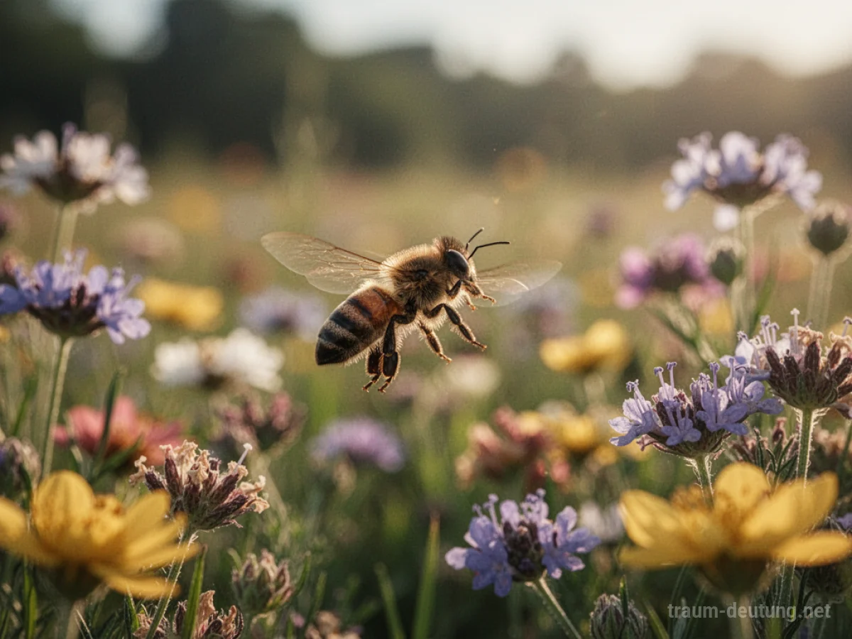 Eine einzelne Biene fliegt über bunte Blumen.