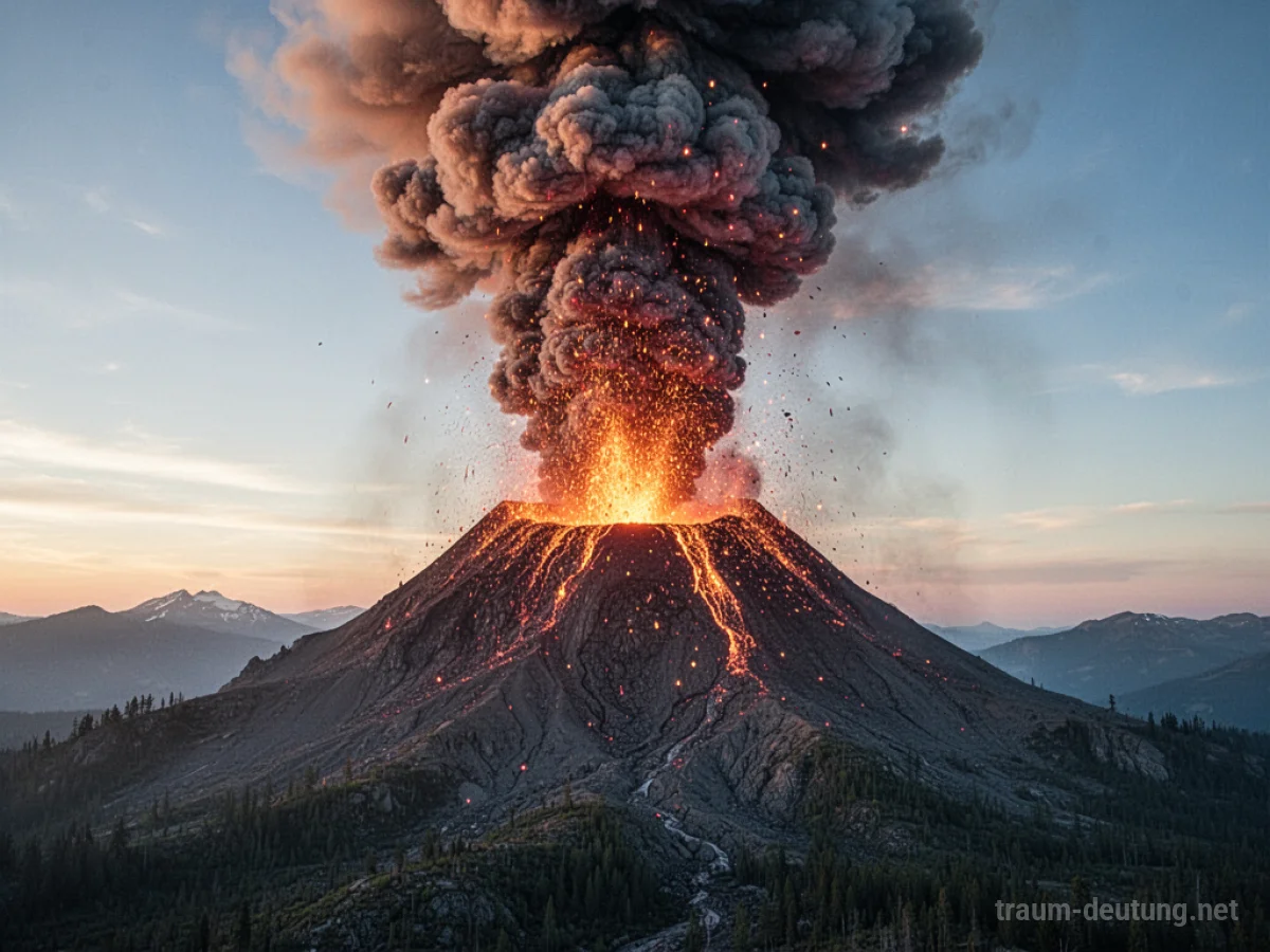 Ein Berg explodiert mit Rauch und Glut, der Himmel beginnt zu dämmern.