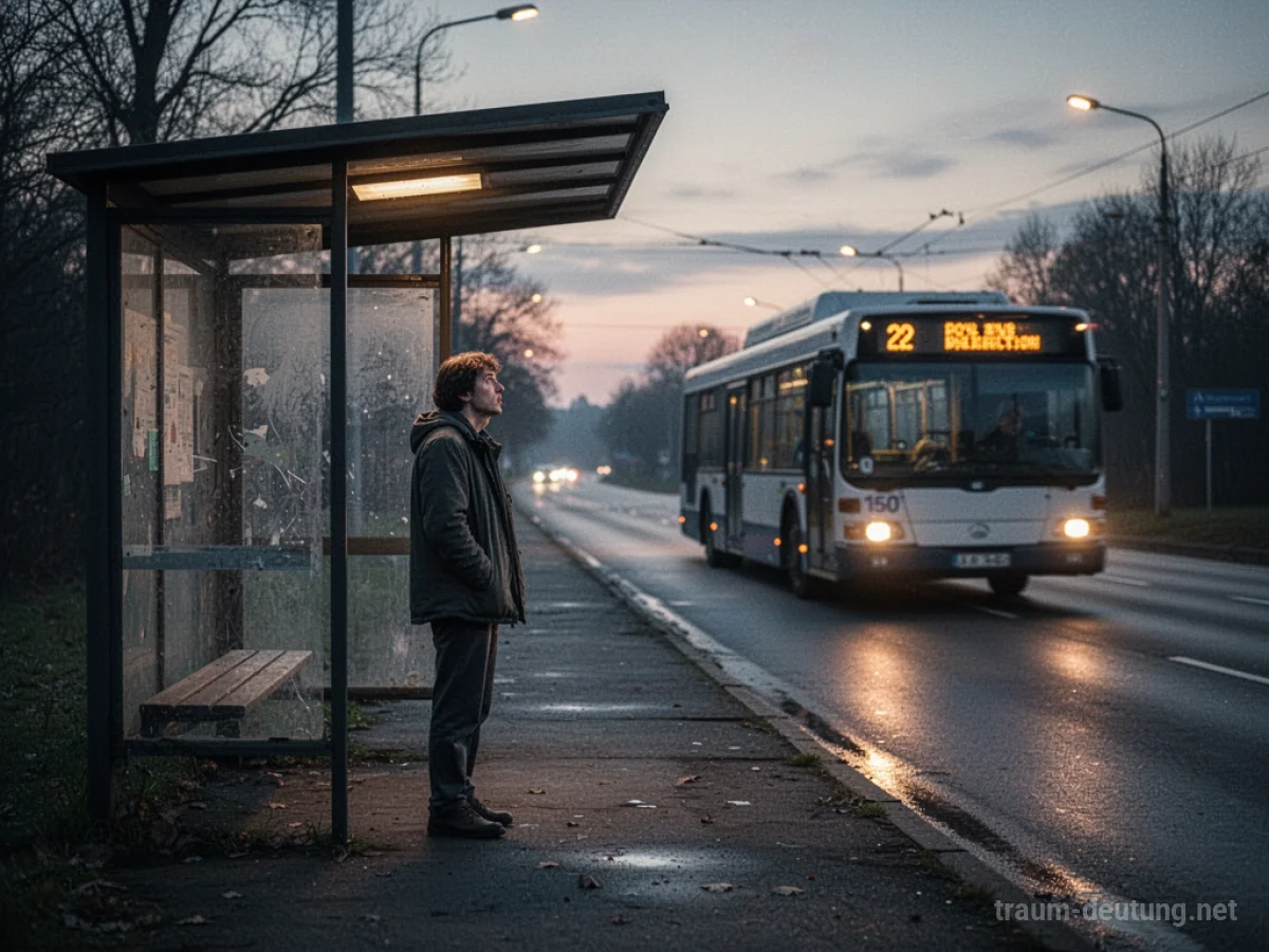 Eine einsame Person steht an einer Bushaltestelle und schaut einem wegfahrenden Bus nach, der die falsche Richtung fährt.