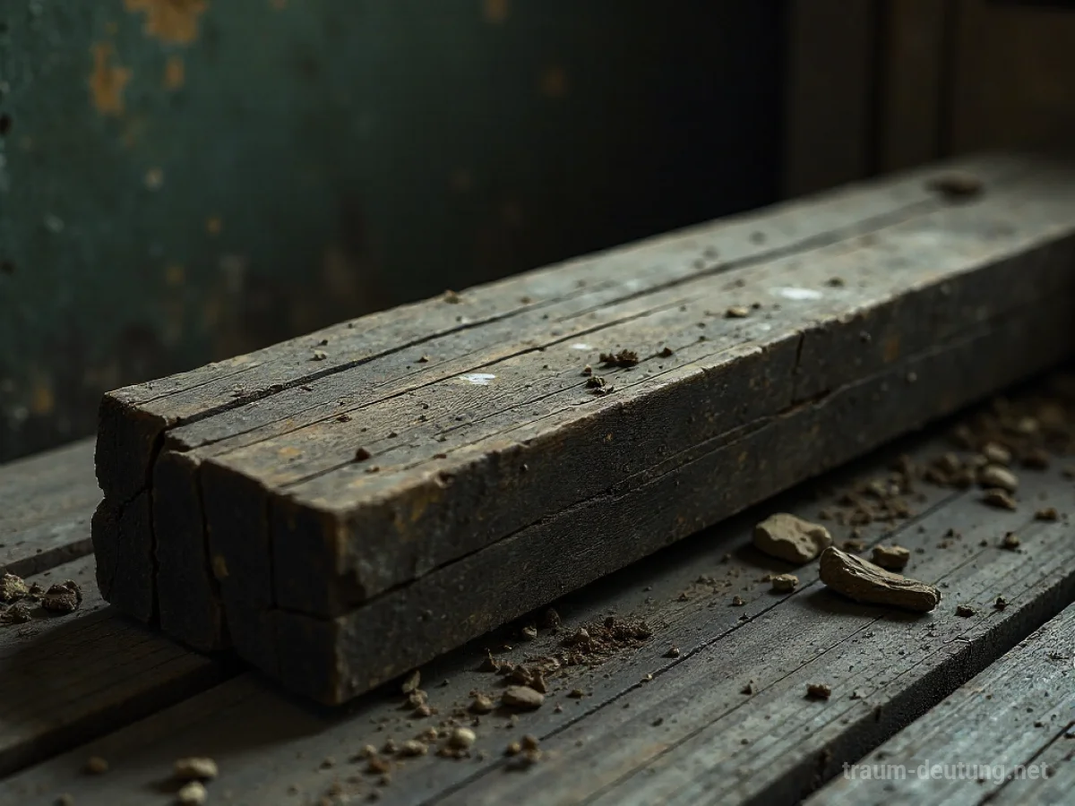 Ein verfallener, morsch gewordener Holzbalken, teilweise gebrochen.