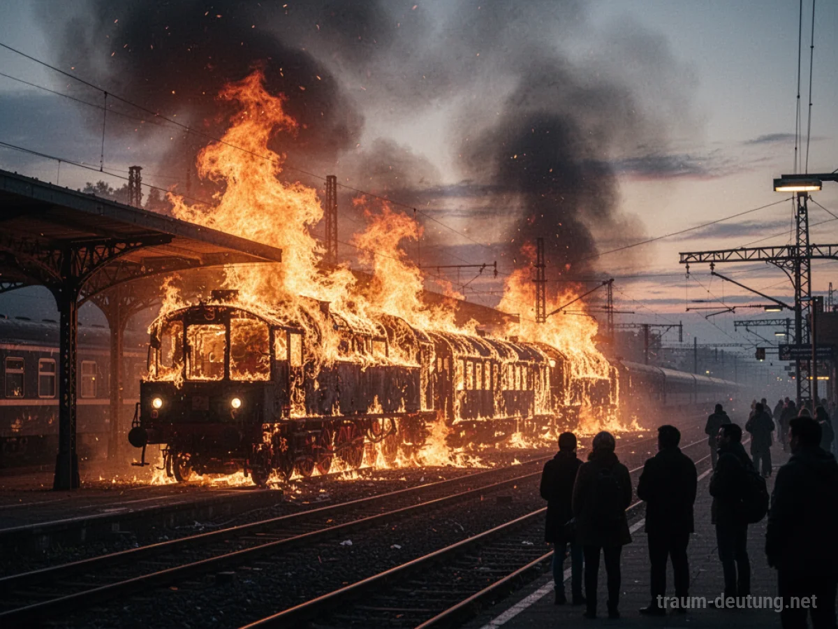 Feuer brennt lichterloh in einem Bahnhofsgebäude, Rauch steigt auf.