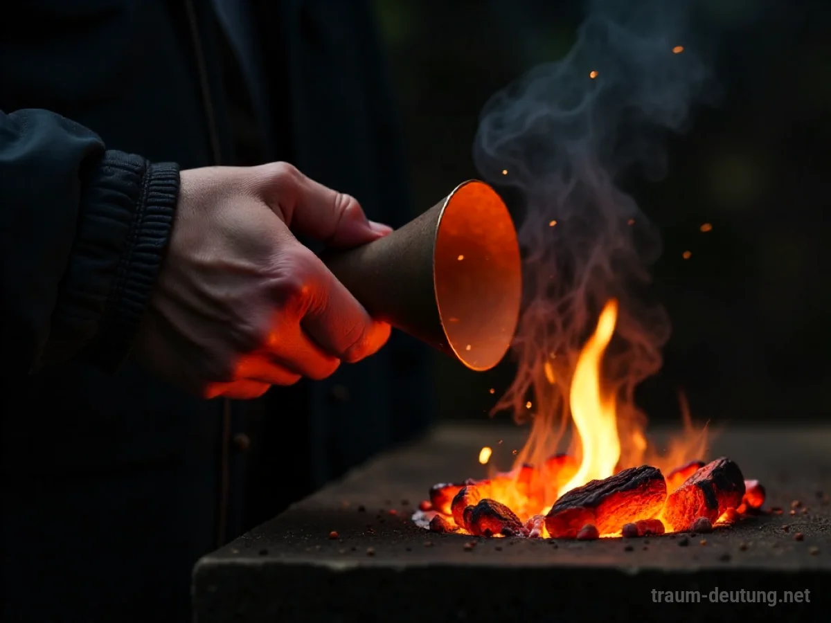 Hand benutzt Blasebalg, um Feuer anzufachen