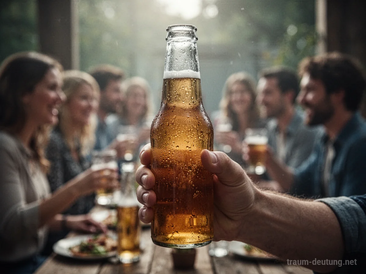 Hand hält eine Flasche Bier in entspannter Umgebung.