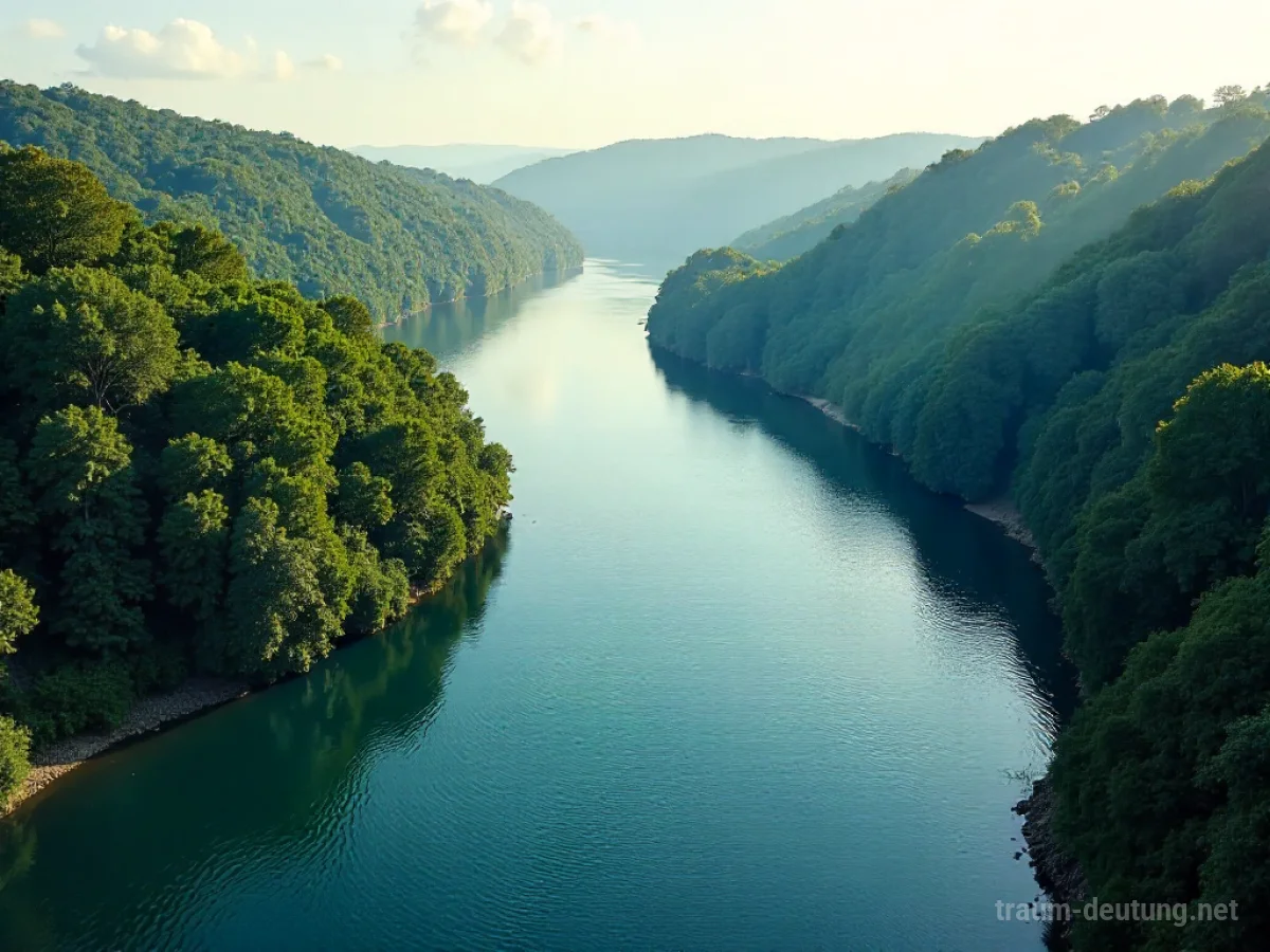 Ein Fluss, der eine deutliche Biegung macht und durch eine ruhige Landschaft fließt.