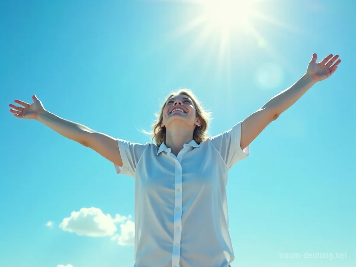 Eine Person fliegt frei und glücklich durch einen strahlend blauen Himmel.