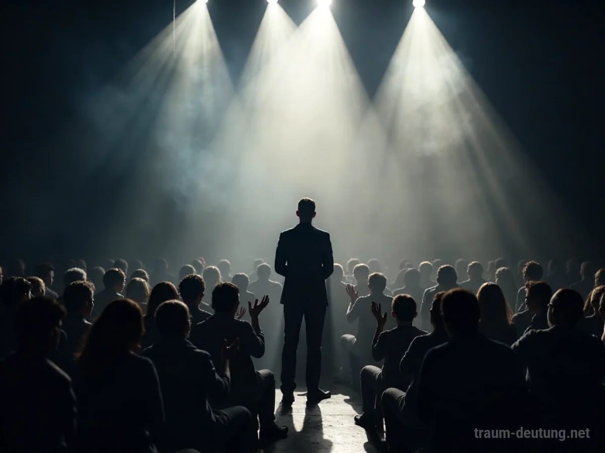 Eine Silhouette einer Person auf einer Bühne, der eine anonyme Menge im Publikum applaudiert.