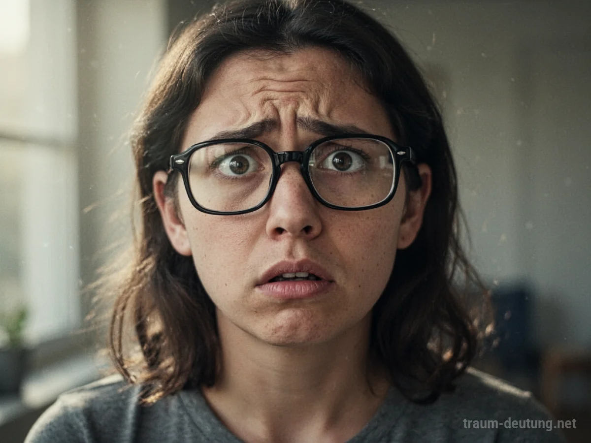 Eine Person trägt eine zu große, ungewohnte Brille und blickt unsicher.