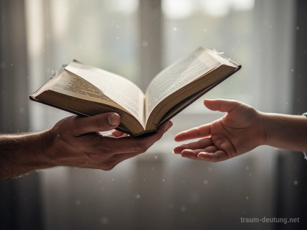 Hand reicht ein offenes Buch an eine andere Hand