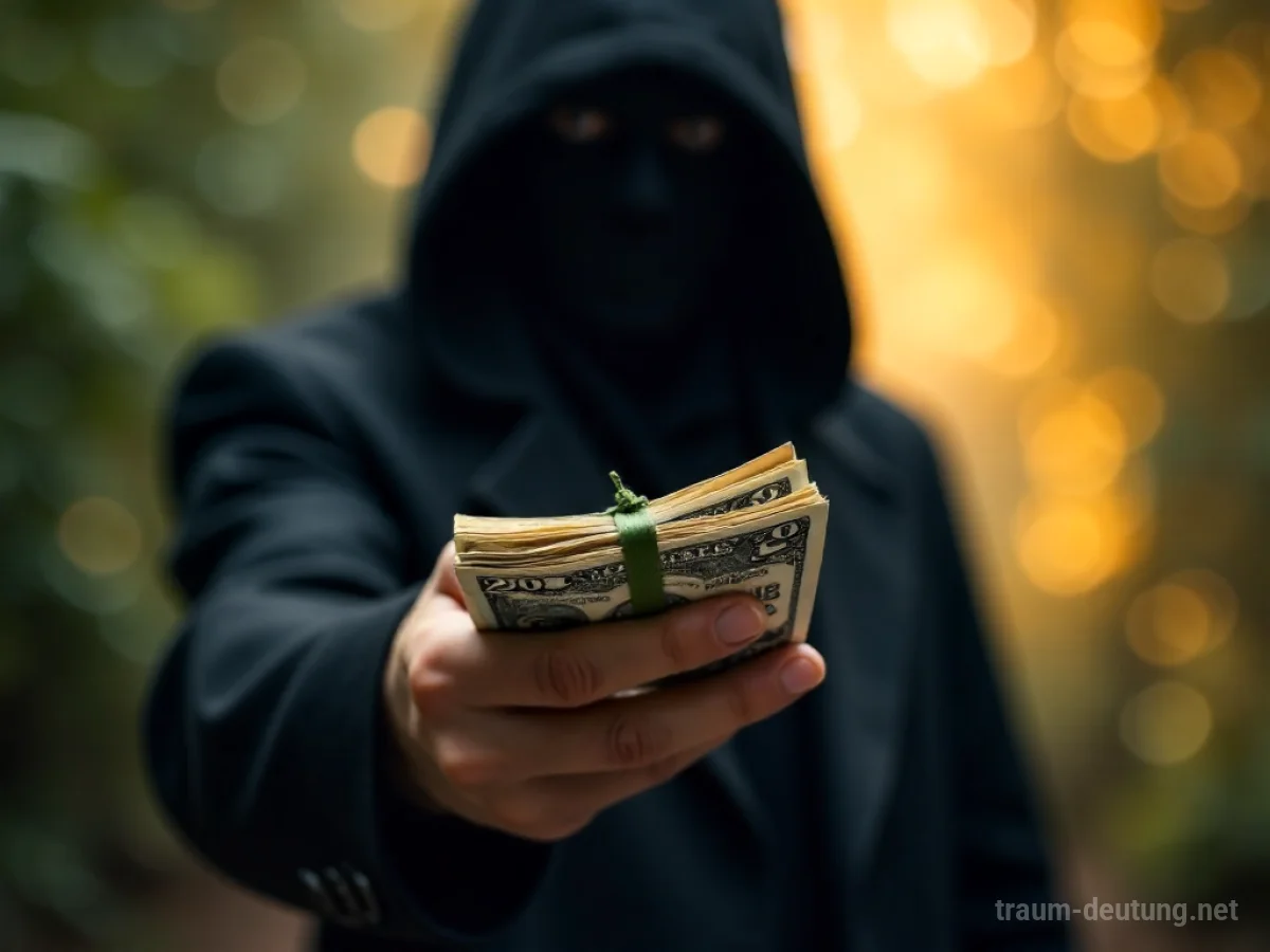 Eine unbekannte Person reicht im Traum Banknoten über eine weiche, unscharfe Oberfläche.