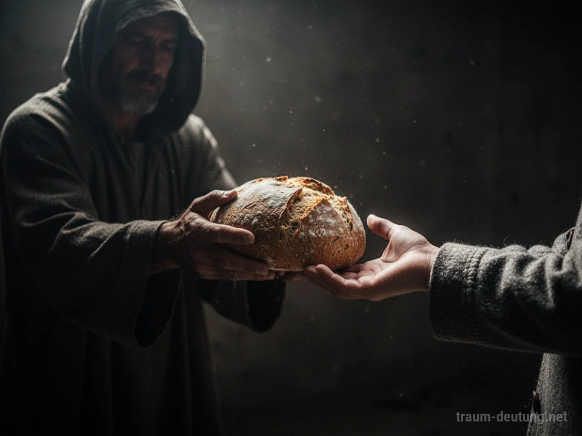 Schattenhafte Figur reicht einem Menschen ein Brot in dunkler Umgebung.