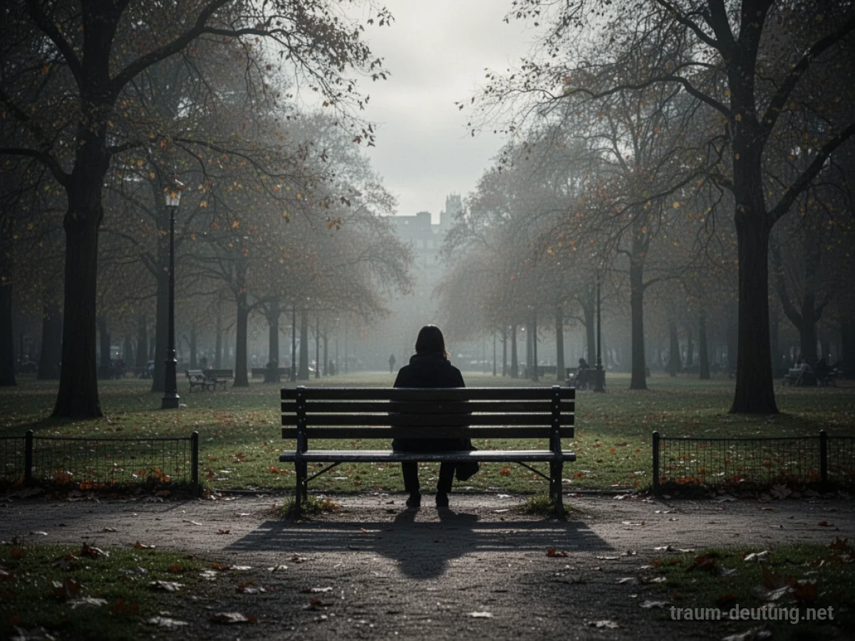 Eine einsame Parkbank mit einer schemenhaften Gestalt darauf, im Hintergrund ein Park.