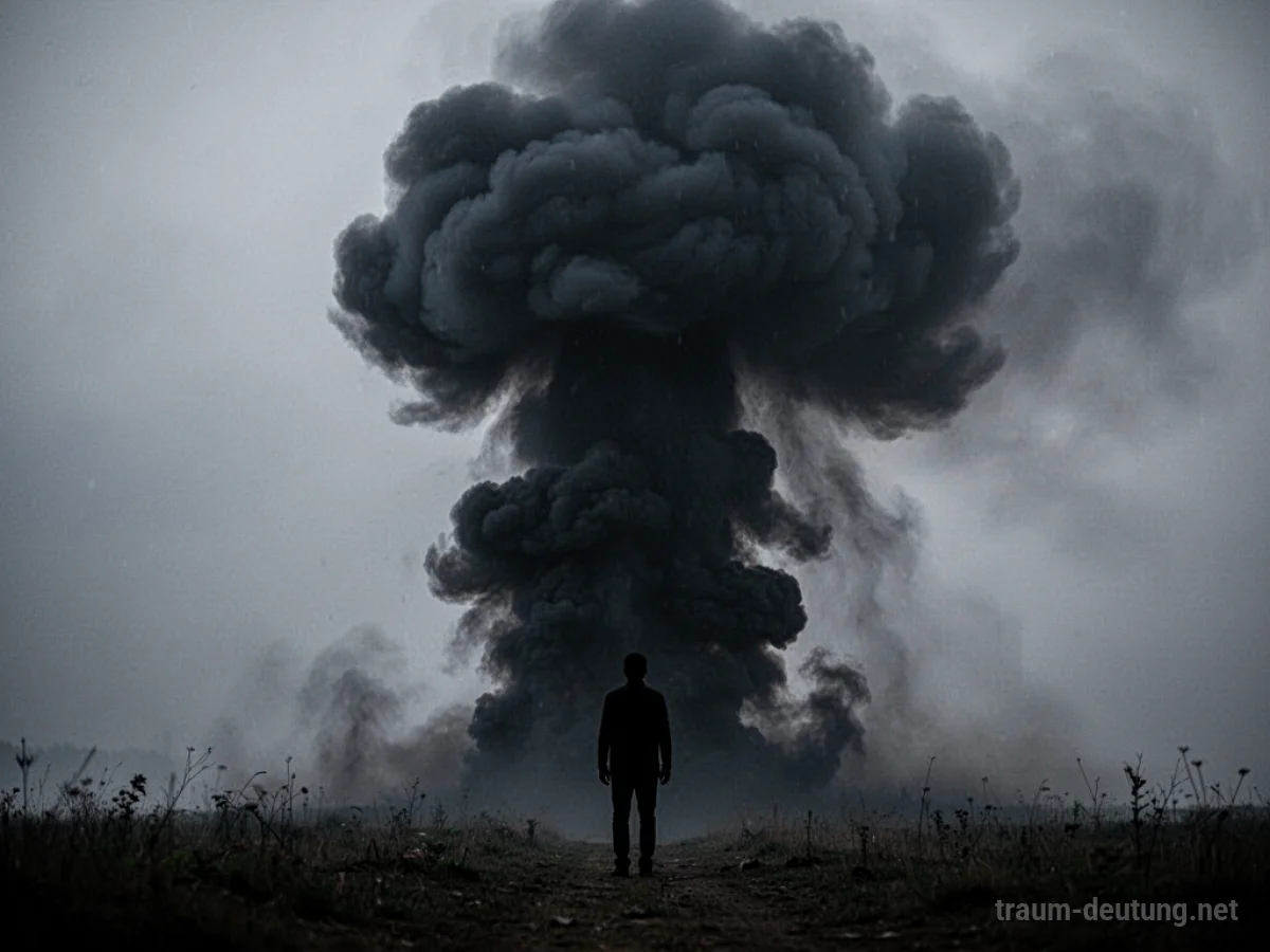 Silhouettenfigur blickt auf Rauchwolke nach Explosion
