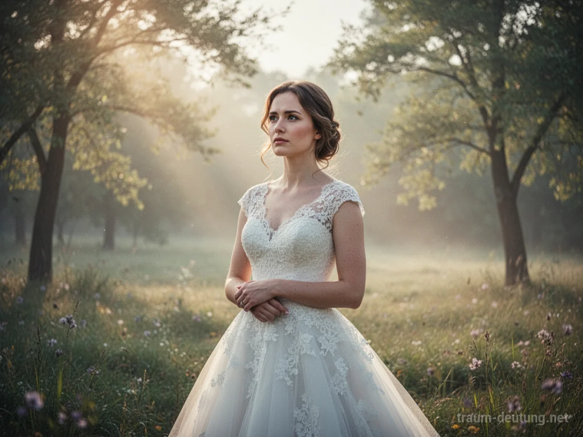 Frau im Brautkleid steht nachdenklich in einer verträumten Landschaft