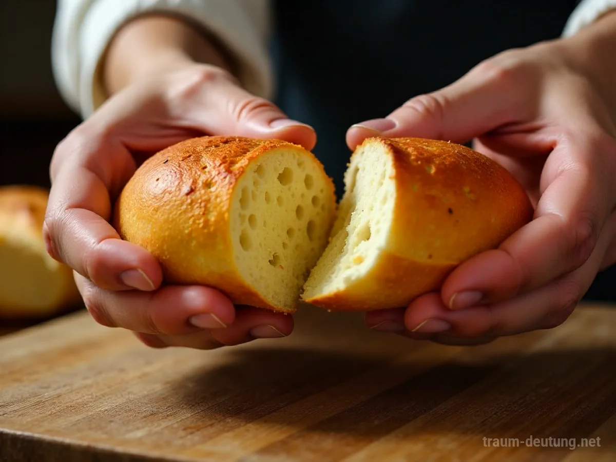 Hände brechen ein warmes, knuspriges Brot mit goldener Krume.