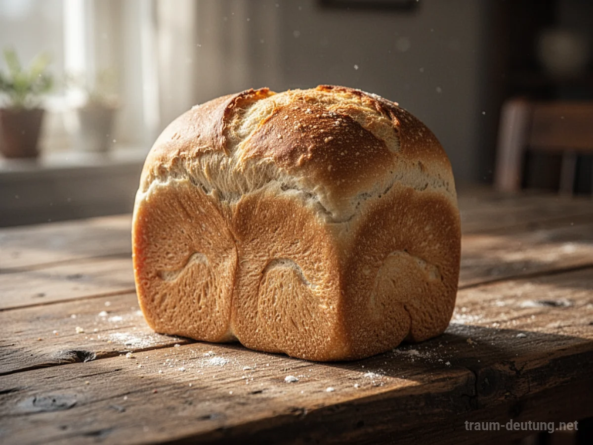 Frisch gebackenes Brot auf einem Holztisch im Morgenlicht.
