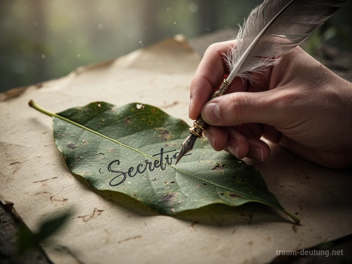 Hand schreibt Geheimnis auf ein Blatt Papier mit Federkiel.