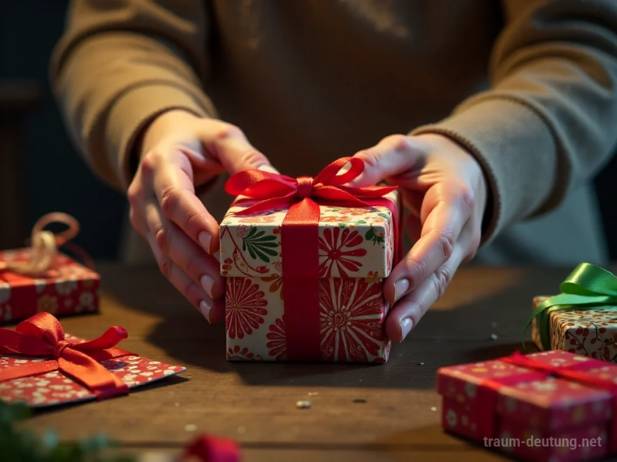Hände basteln ein kleines Geschenk mit bunten Papier und Bändern.