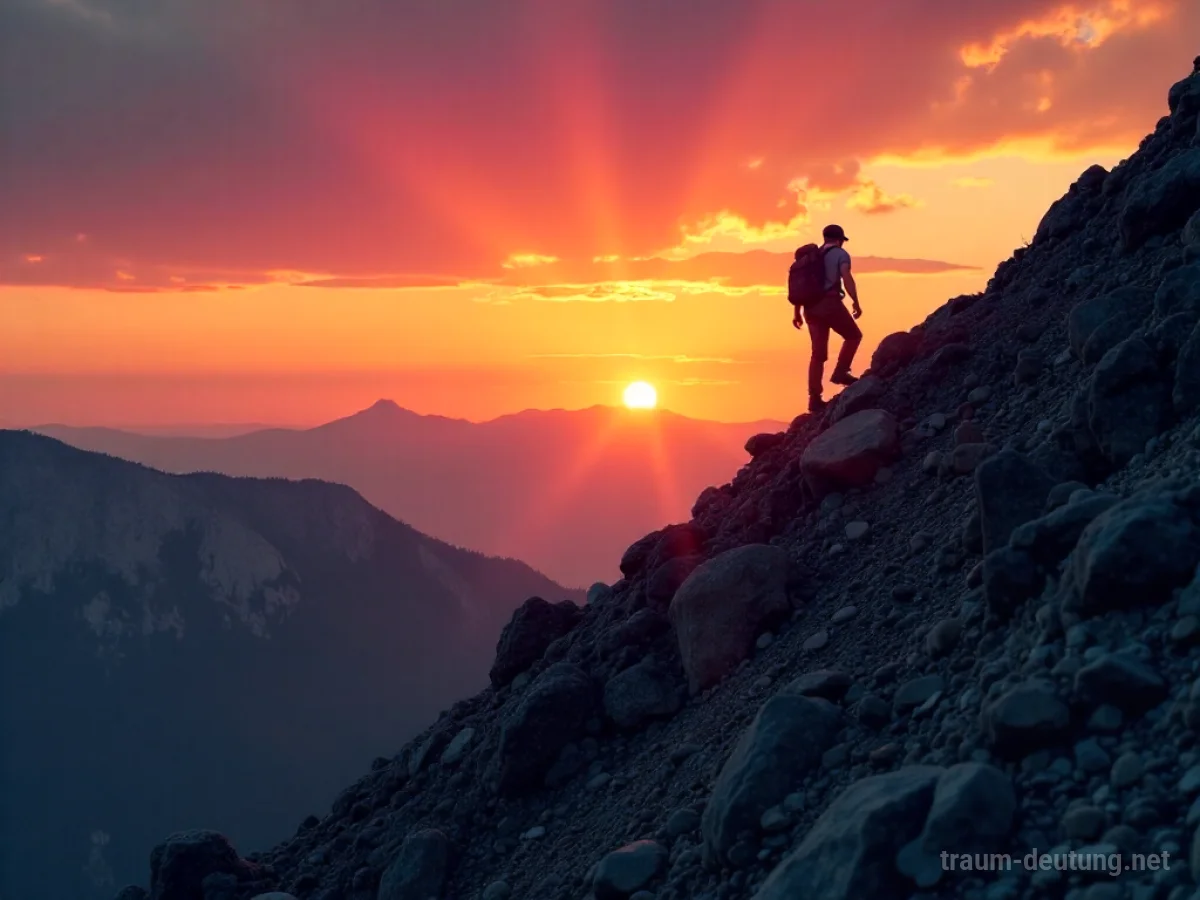 Silhouette einer Person erklimmt einen Bergpfad dem Gipfel entgegen, Sonnenuntergang