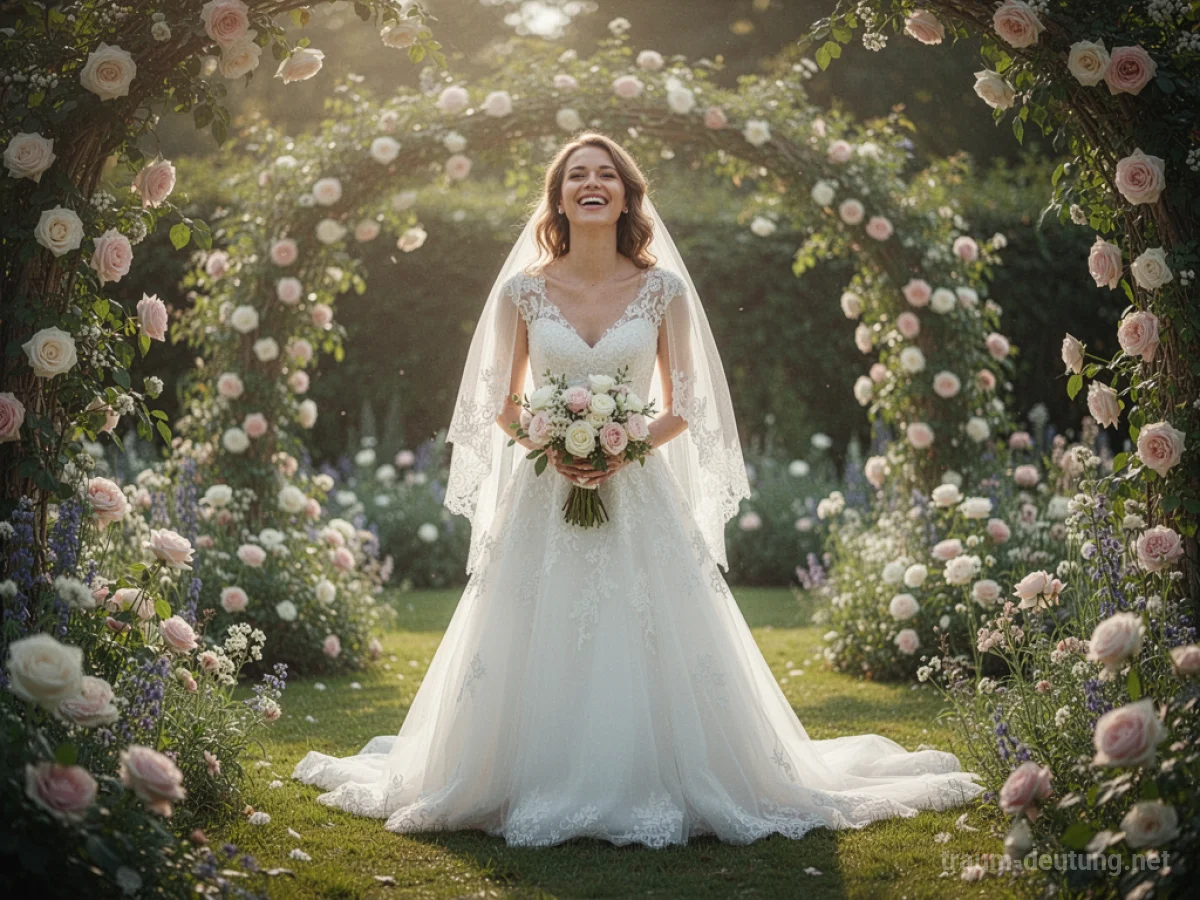 Glückliche Braut in weißem Kleid lächelt im Sonnenschein.