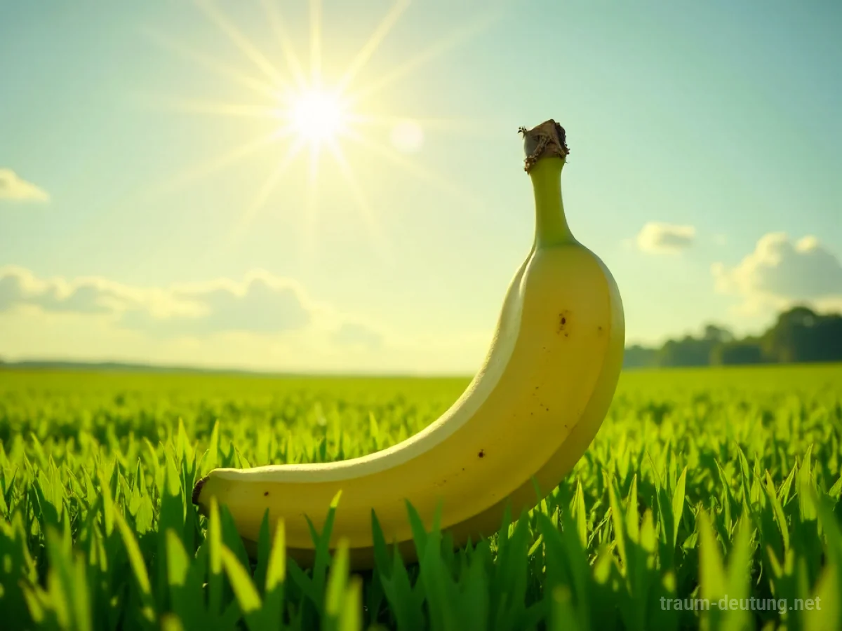 Eine riesige, reife Banane steht in einem grünen Feld.