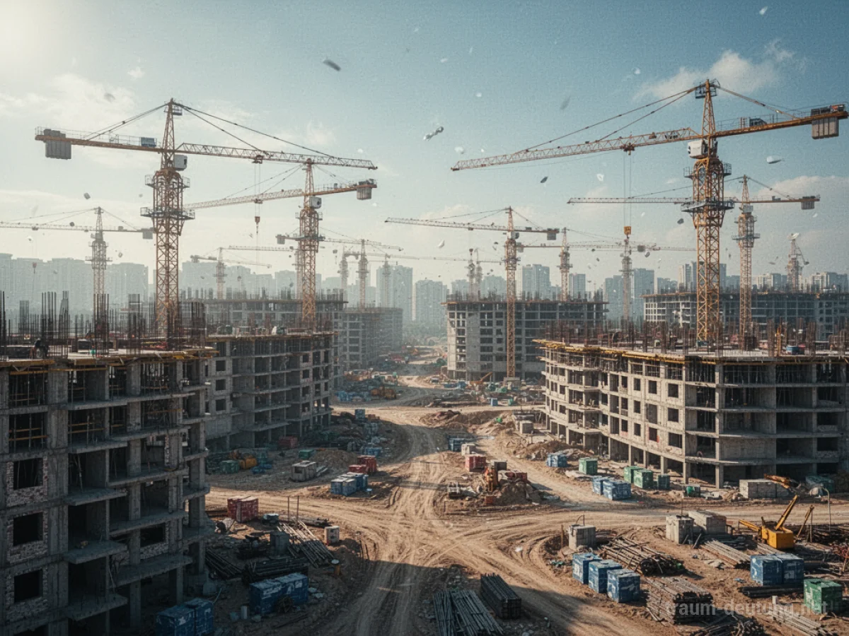 Eine ausgedehnte Baustelle mit vielen Kränen und unfertigen Gebäuden unter einem hellen Himmel.