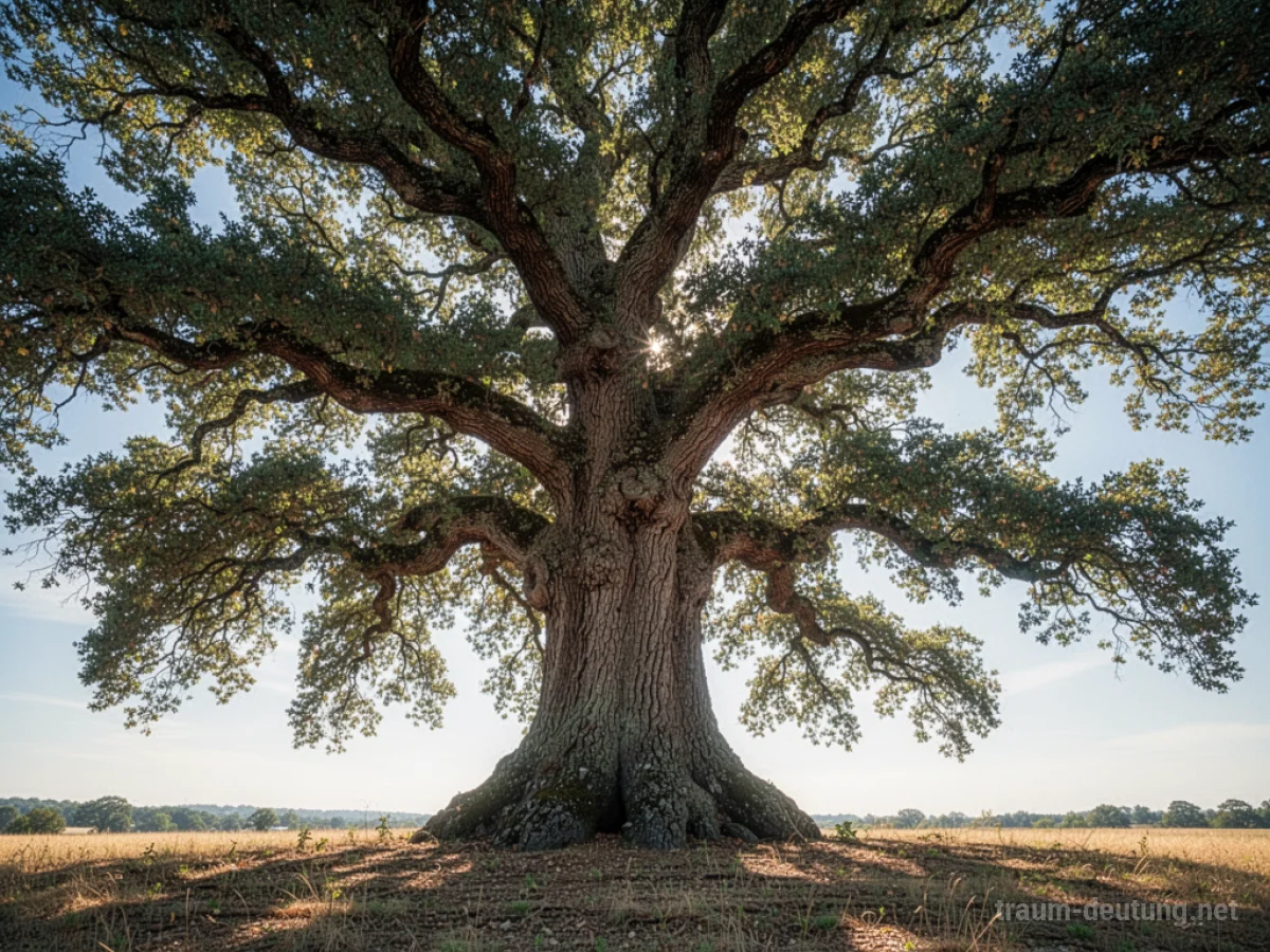 Ein riesiger, alter Baum mit kräftigem Stamm und weit ausladenden Ästen im hellen Sonnenschein.